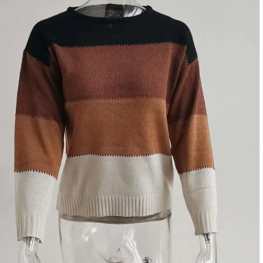 Casual Knitted Women's Sweater, Colour Block Design