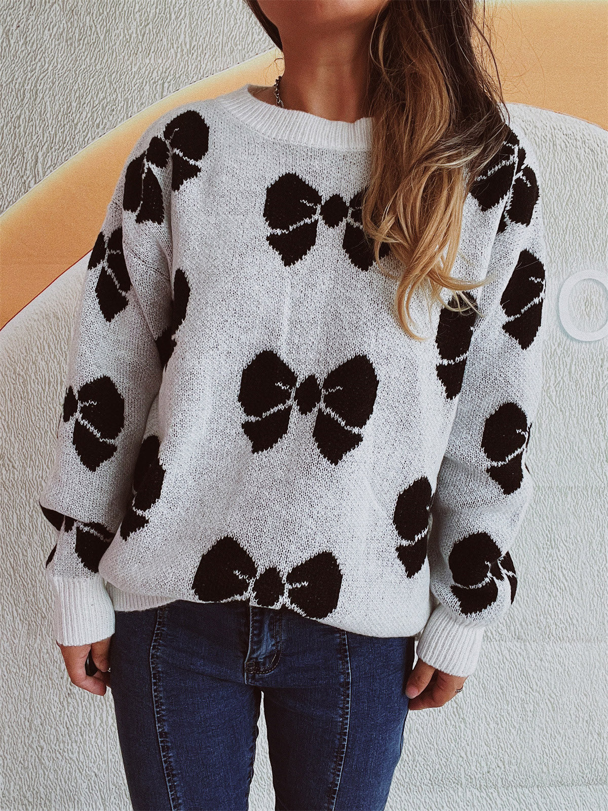 Bow Round Neck Dropped Shoulder Sweater