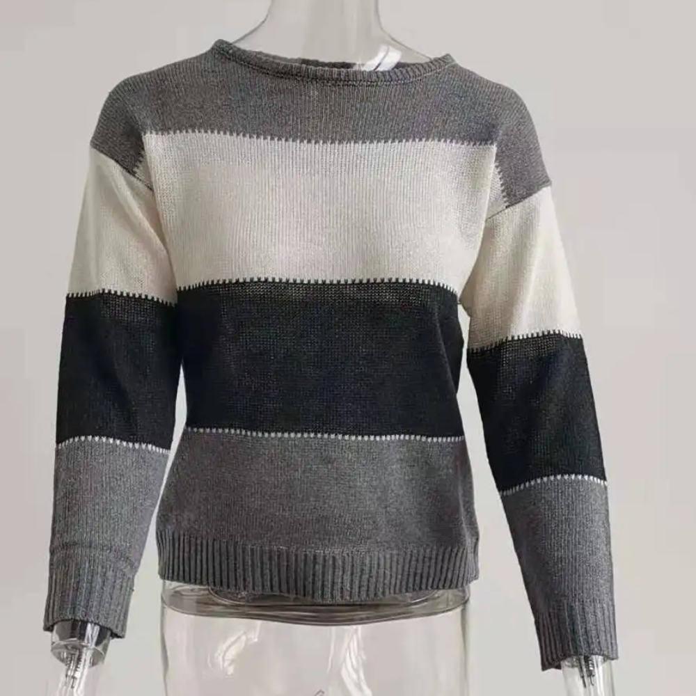 Casual Knitted Women's Sweater, Colour Block Design