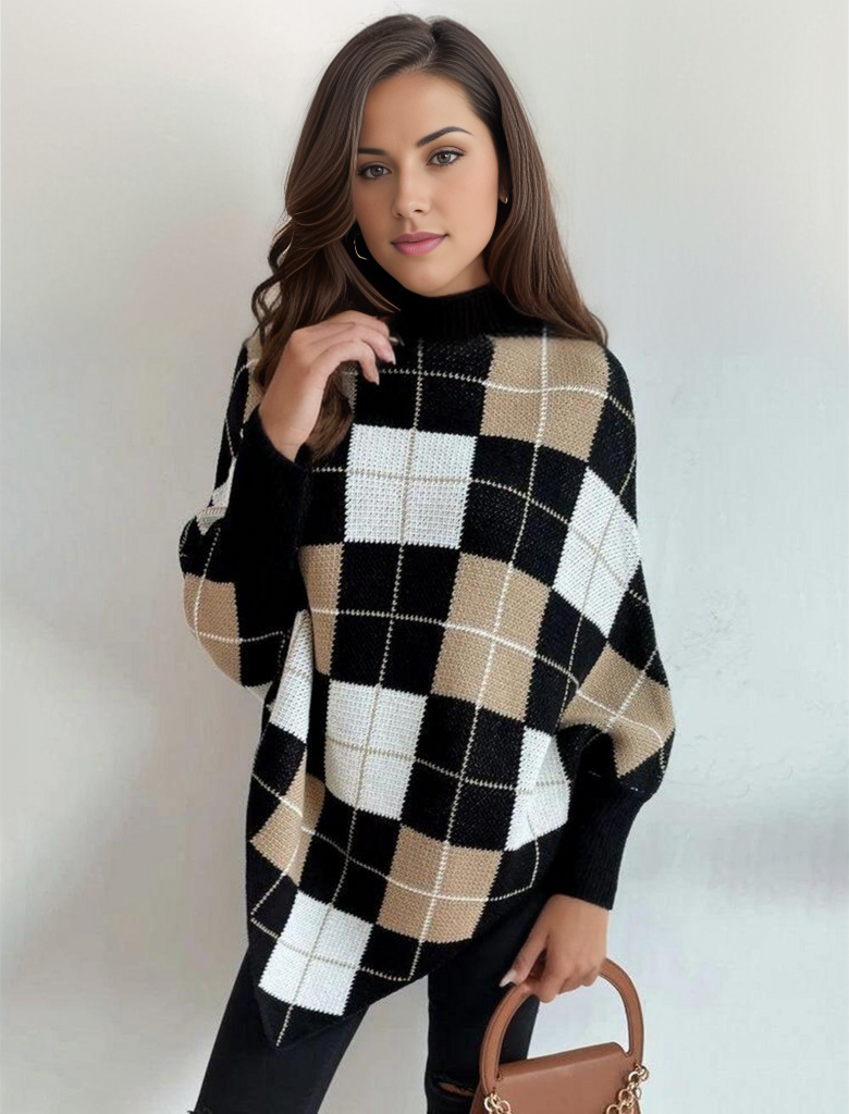 Elegant Sweater with Geometric Print and High Neckline