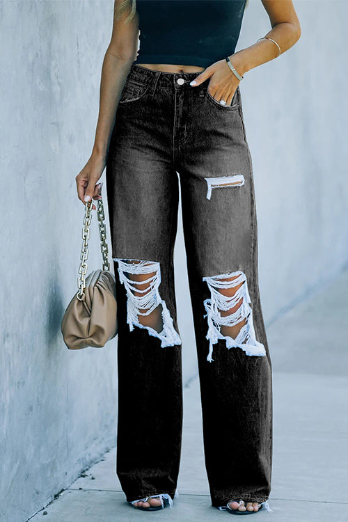 Ilena - One Button Ripped Denim Pants