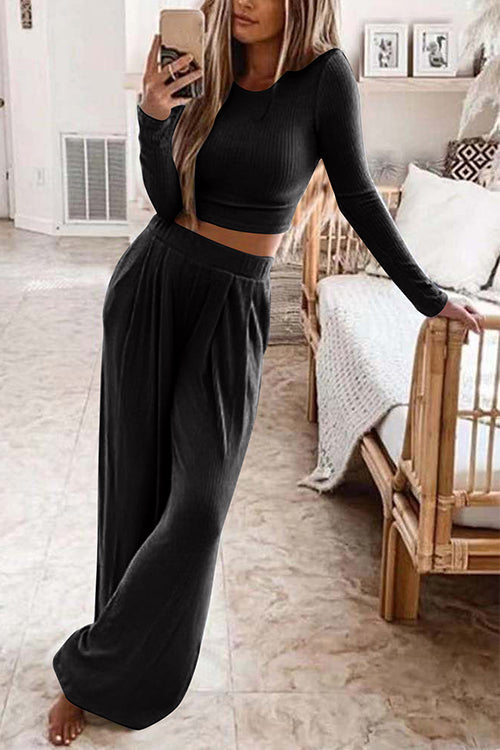 Rhae - Long Sleeve Crop &amp; Wide Leg Pants Set