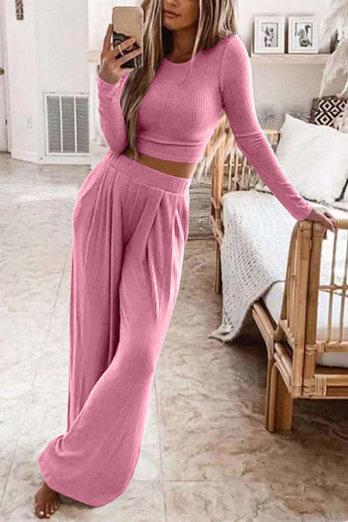 Rhae - Long Sleeve Crop &amp; Wide Leg Pants Set