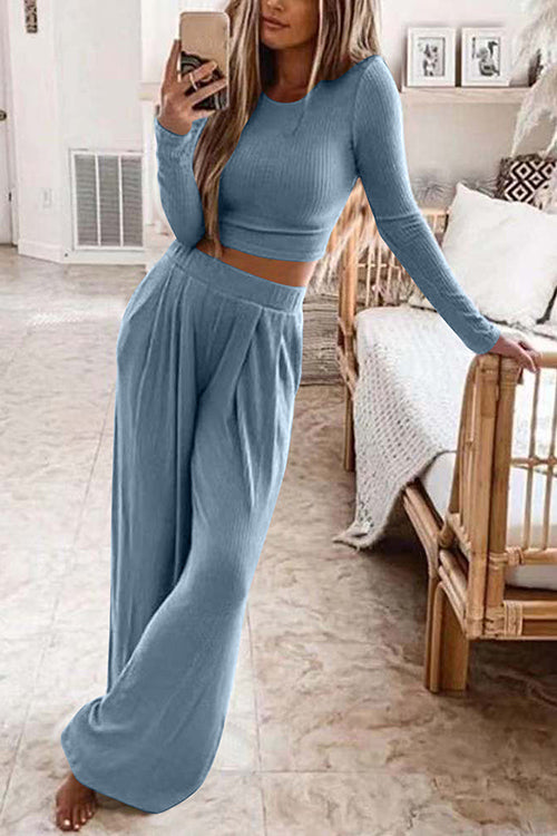 Rhae - Long Sleeve Crop &amp; Wide Leg Pants Set