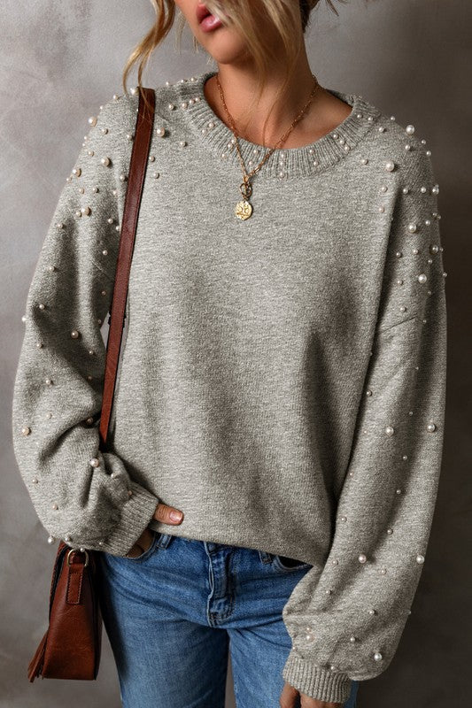 Pearl Drop Shoulder Round Neck Sweater