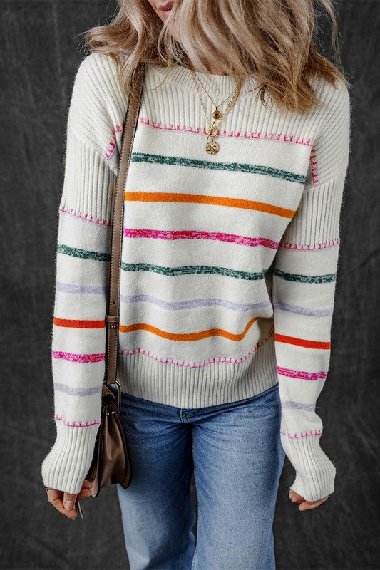 Colorful Striped Ribbed Trim Round Neck Sweater