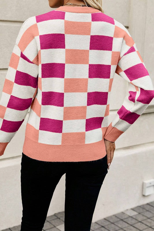 Checkered Ribbed Edge O Neck Drop Shoulder Sweater