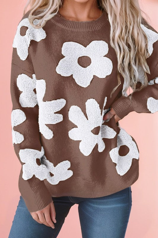 Vintage Flower Drop Shoulder Loose Sweater