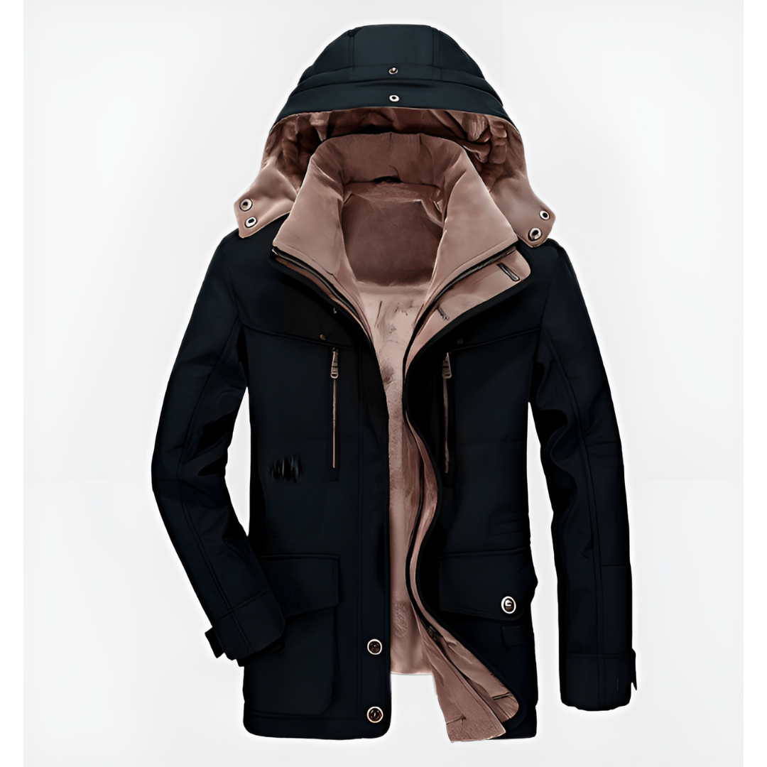 Thick winter jacket with hood and deep pockets