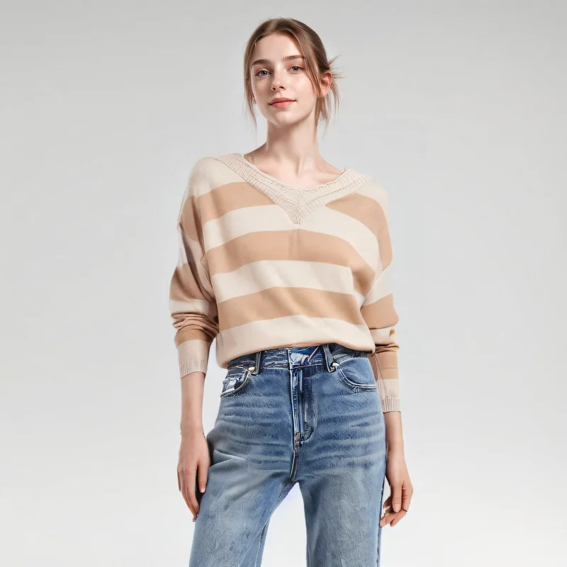 Trendy Striped Women's Sweater with Loose Fit - V-Neck Design