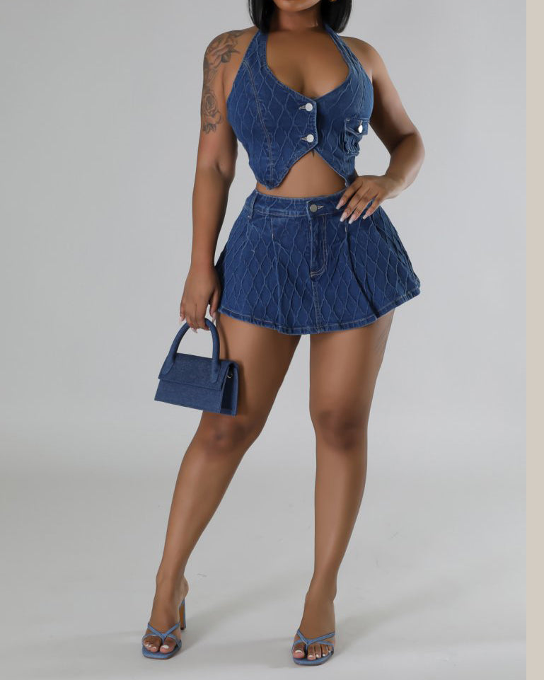 Narcisa - Halter Neck Denim Mini Skirt Set