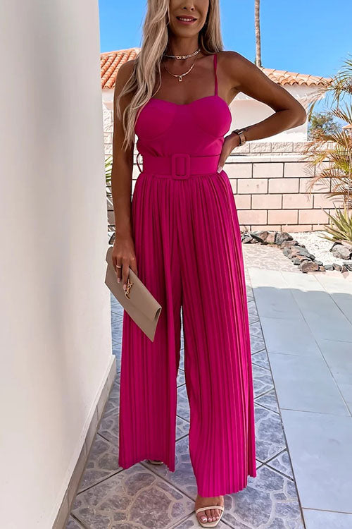 Kia - Spaghetti Strap Belted Wide Leg Jumpsuit