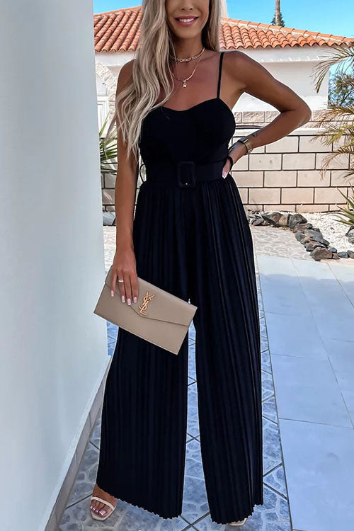 Kia - Spaghetti Strap Belted Wide Leg Jumpsuit