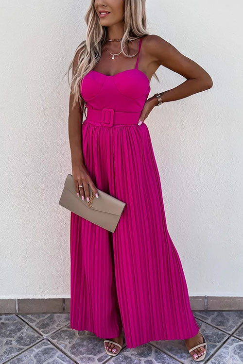 Kia - Spaghetti Strap Belted Wide Leg Jumpsuit