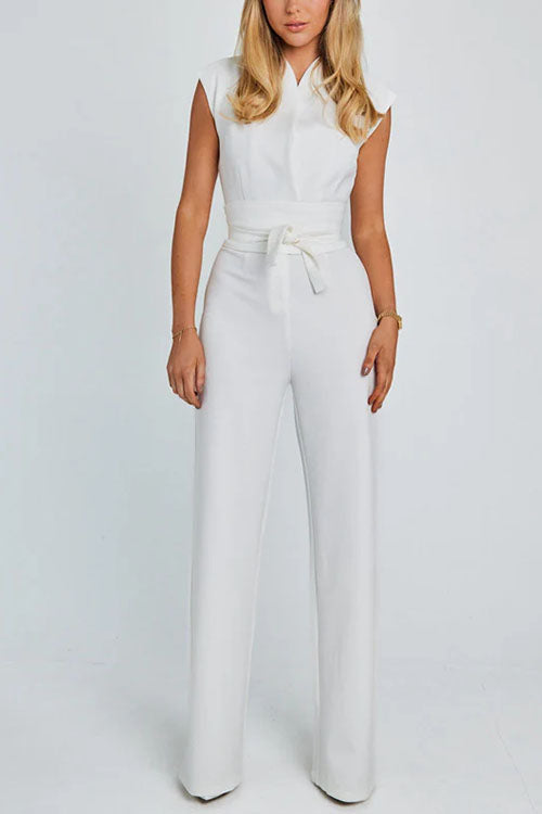 Ayodele - Cap Sleeves Tie Waist Wide Leg Jumpsuit