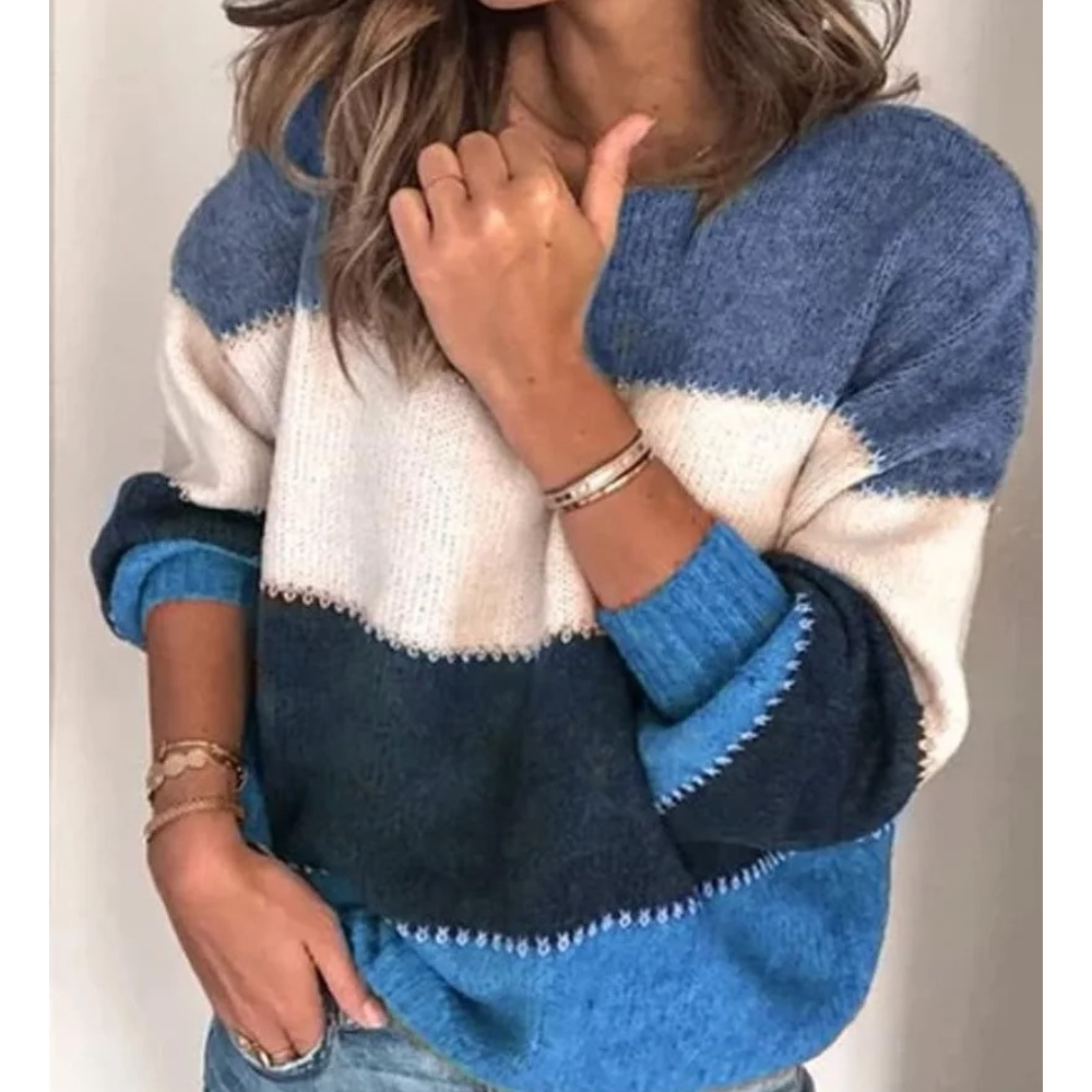 Casual Knitted Women's Sweater, Colour Block Design