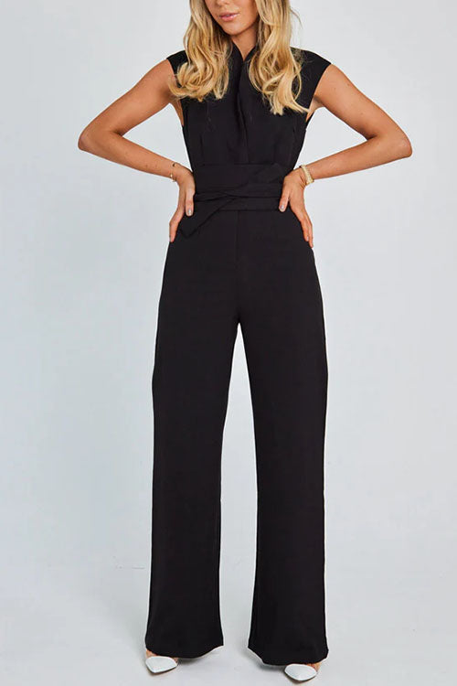 Ayodele - Cap Sleeves Tie Waist Wide Leg Jumpsuit