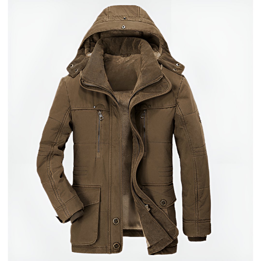 Thick winter jacket with hood and deep pockets