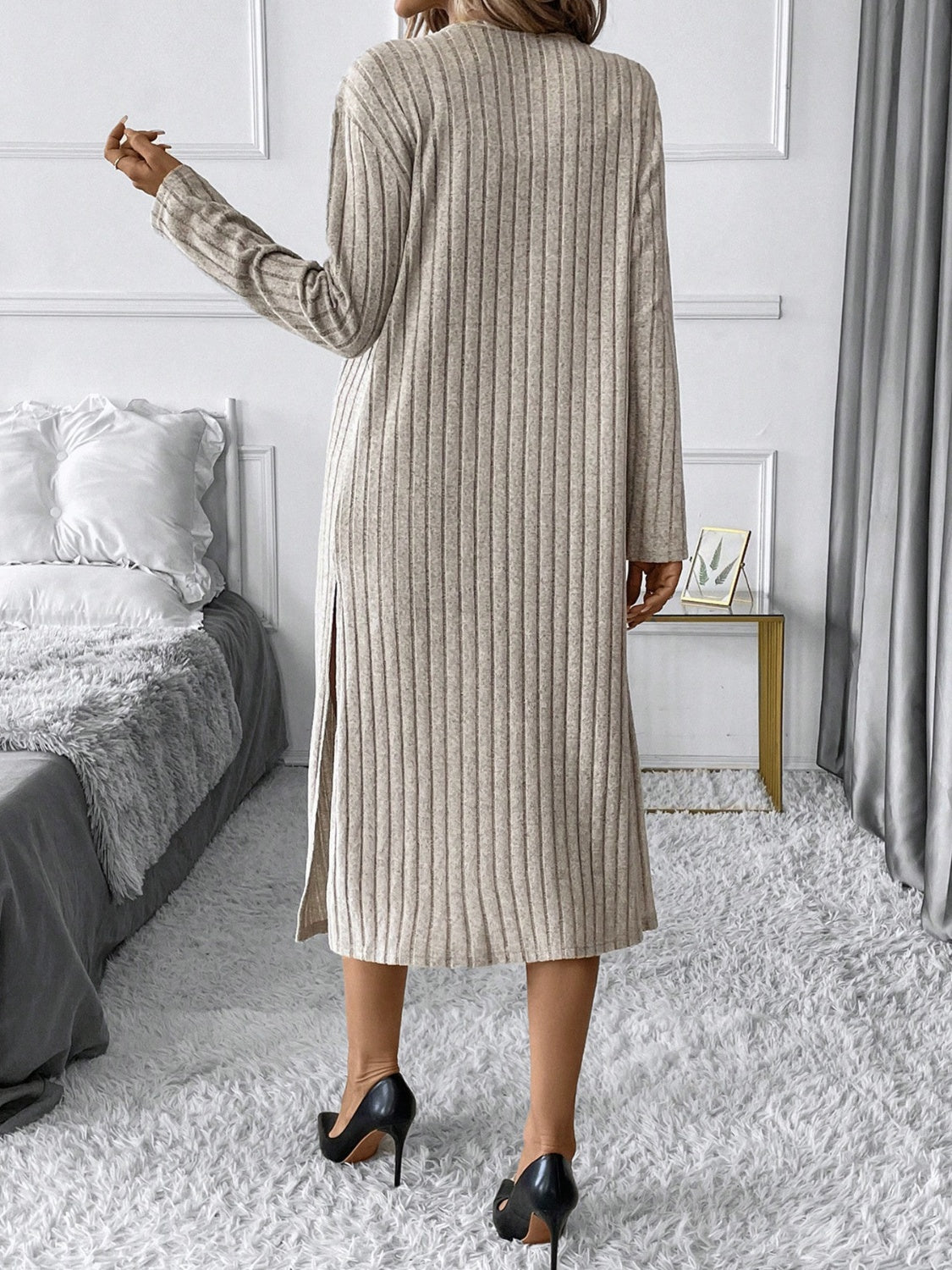 Side Slit Ribbed Open Front Cardigan