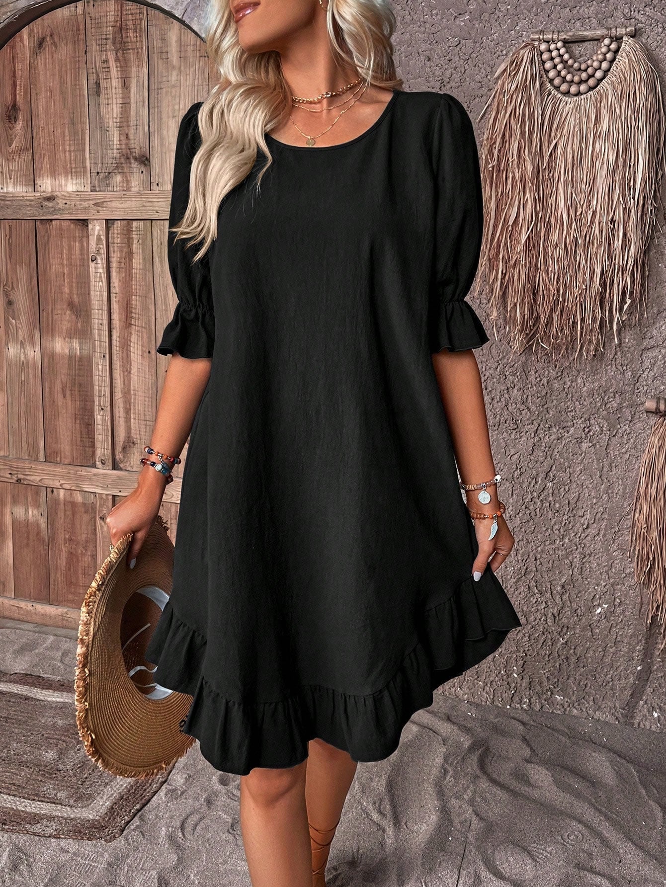 Zarah - Puffed Sleeves Linen Dress