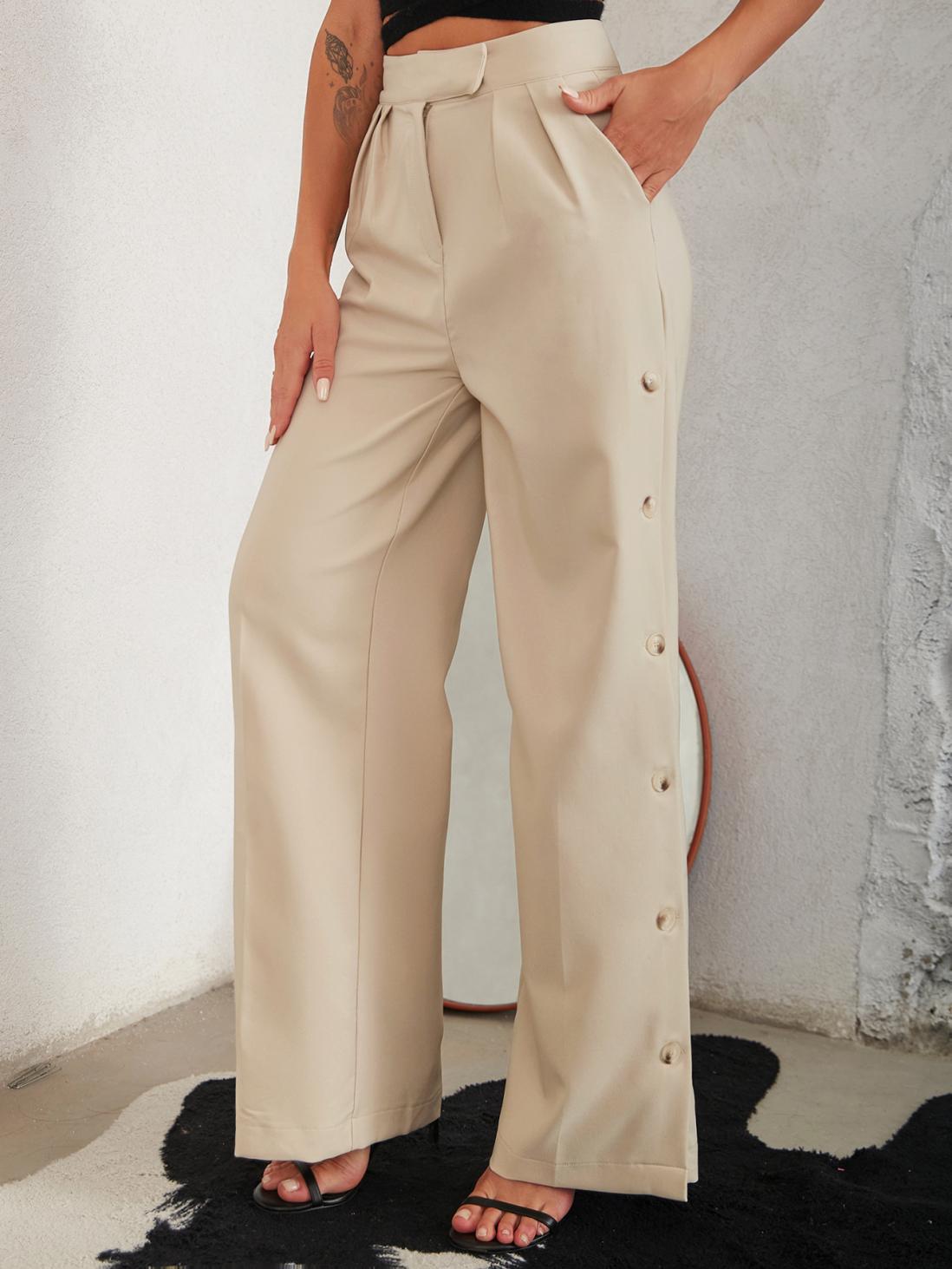 Catherine - Elegant Wide Leg Pants with Side Buttons