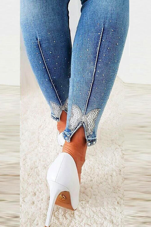 Illiana - Beaded Butterfly Skinny Denim Pants