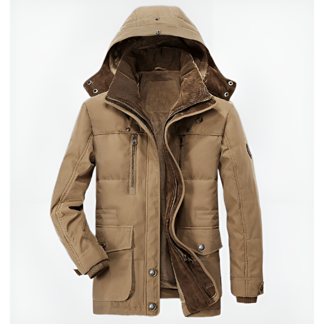 Thick winter jacket with hood and deep pockets