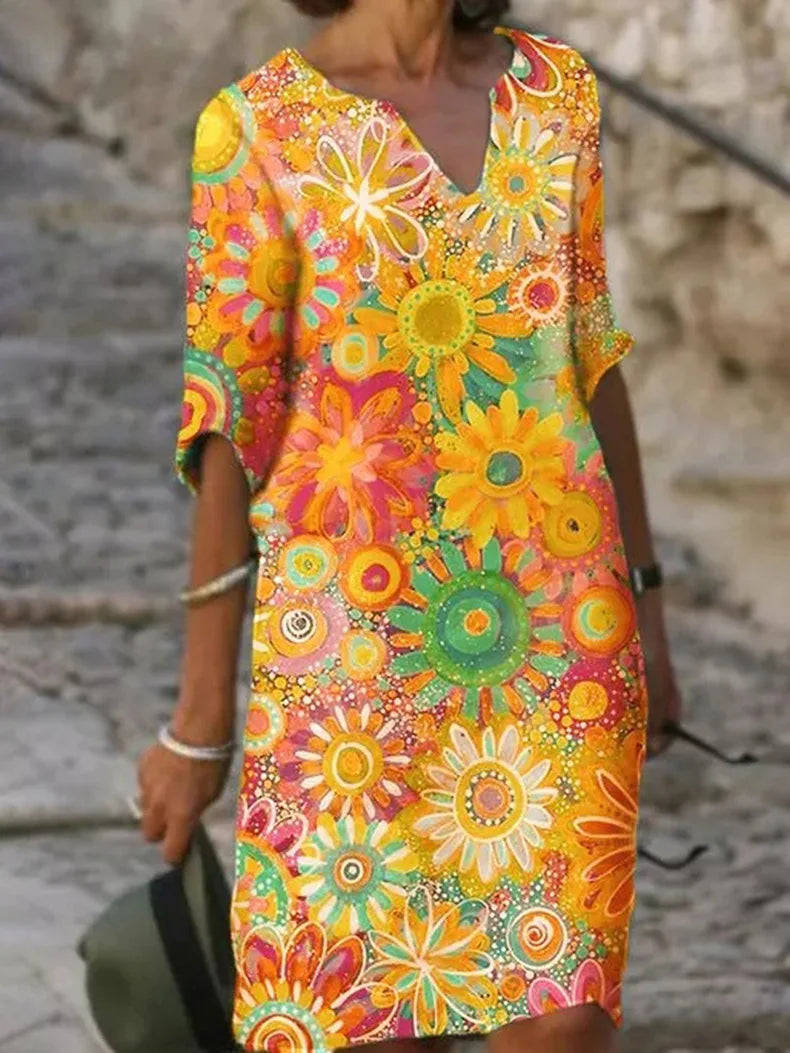 Floral Print Dress with V-neck for women