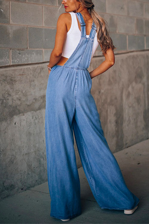 Stefania - Pocketed Wide Leg Denim Overalls