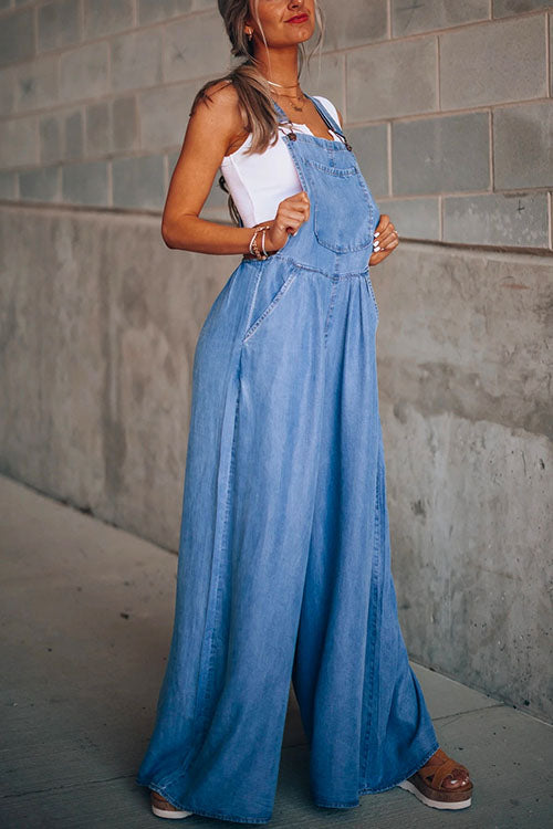 Stefania - Pocketed Wide Leg Denim Overalls