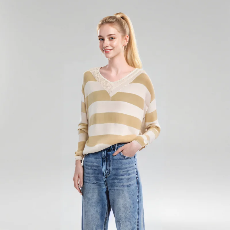 Trendy Striped Women's Sweater with Loose Fit - V-Neck Design