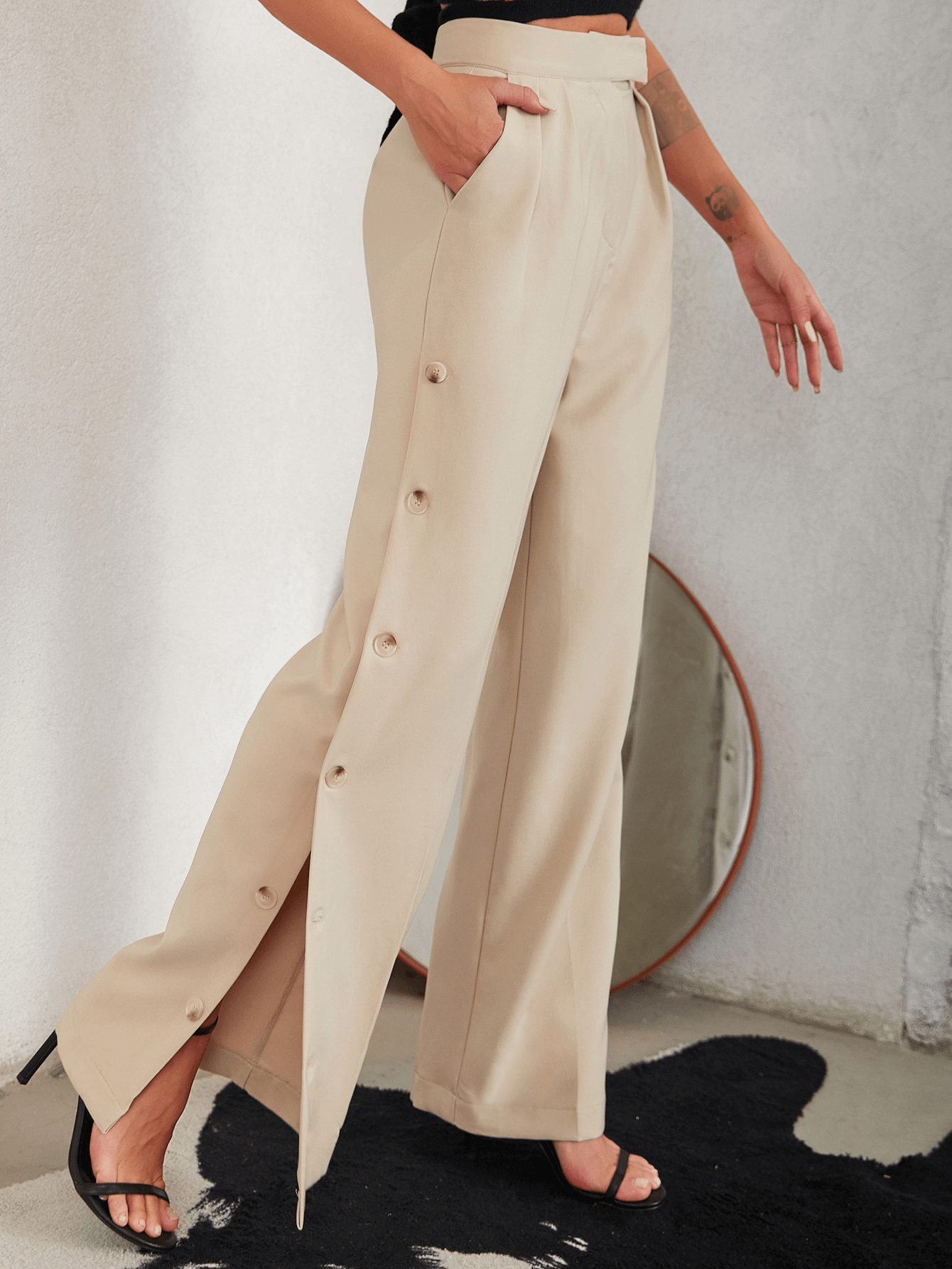 Catherine - Elegant Wide Leg Pants with Side Buttons