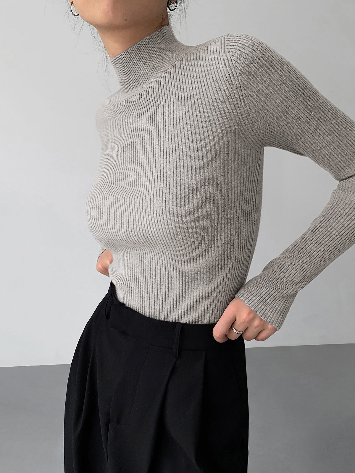 Mock Neck Rib Long Sleeve Knit Top