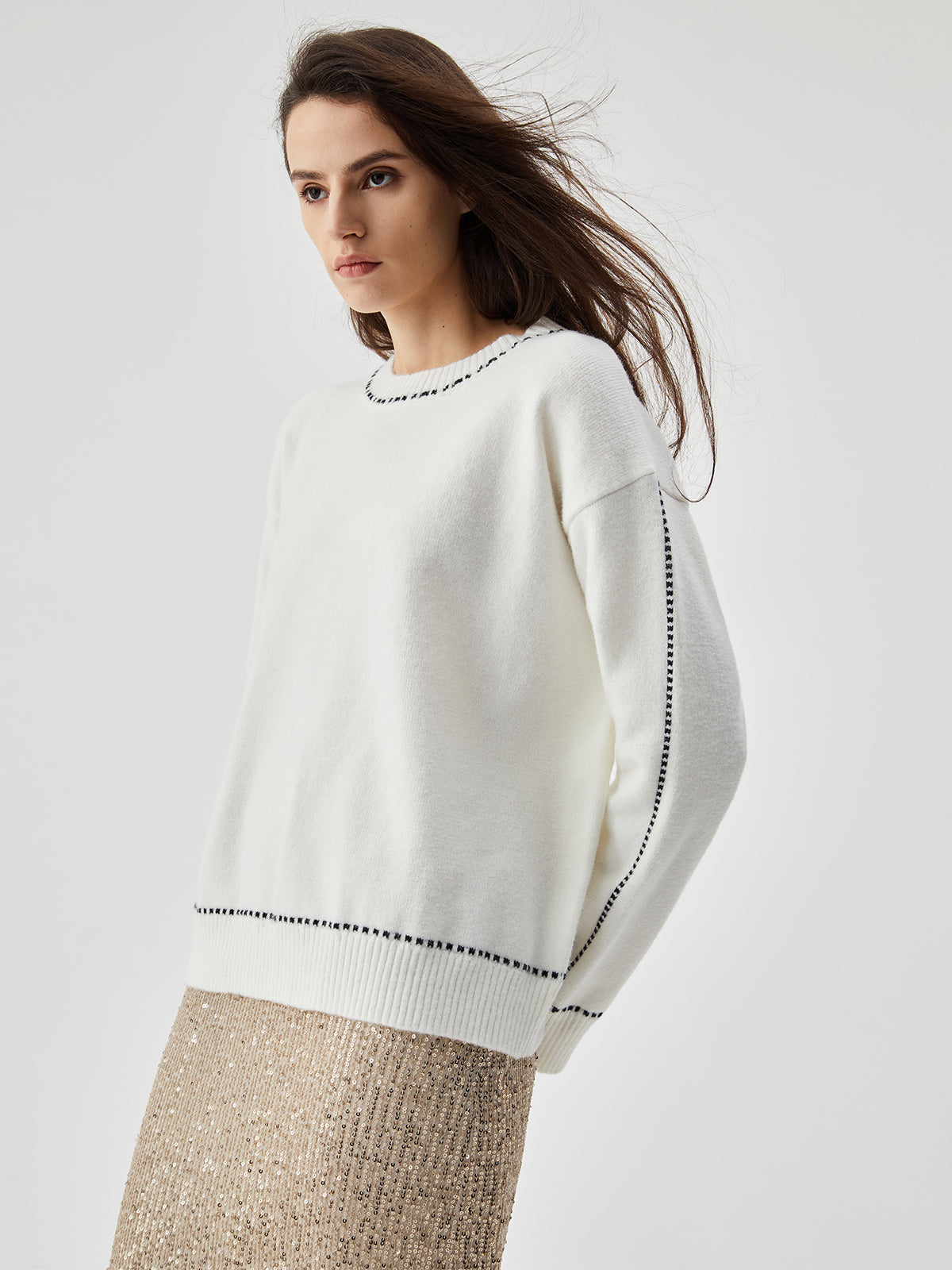 Knit Contrast Trim Crew Neck Sweater