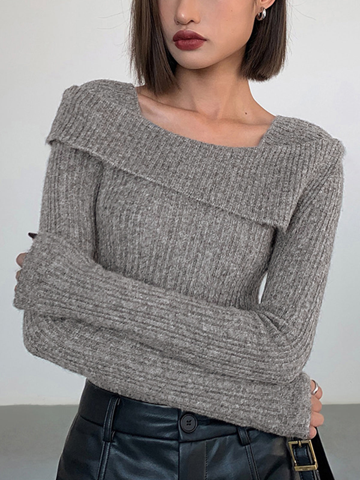 Asymmetric Overfold Square Neck Long Sleeve Knit Top