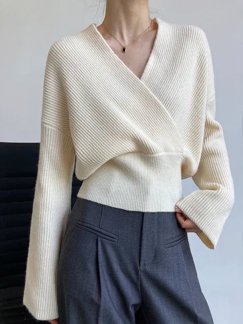 Crossed V-Neck Wrap Knitted Sweater