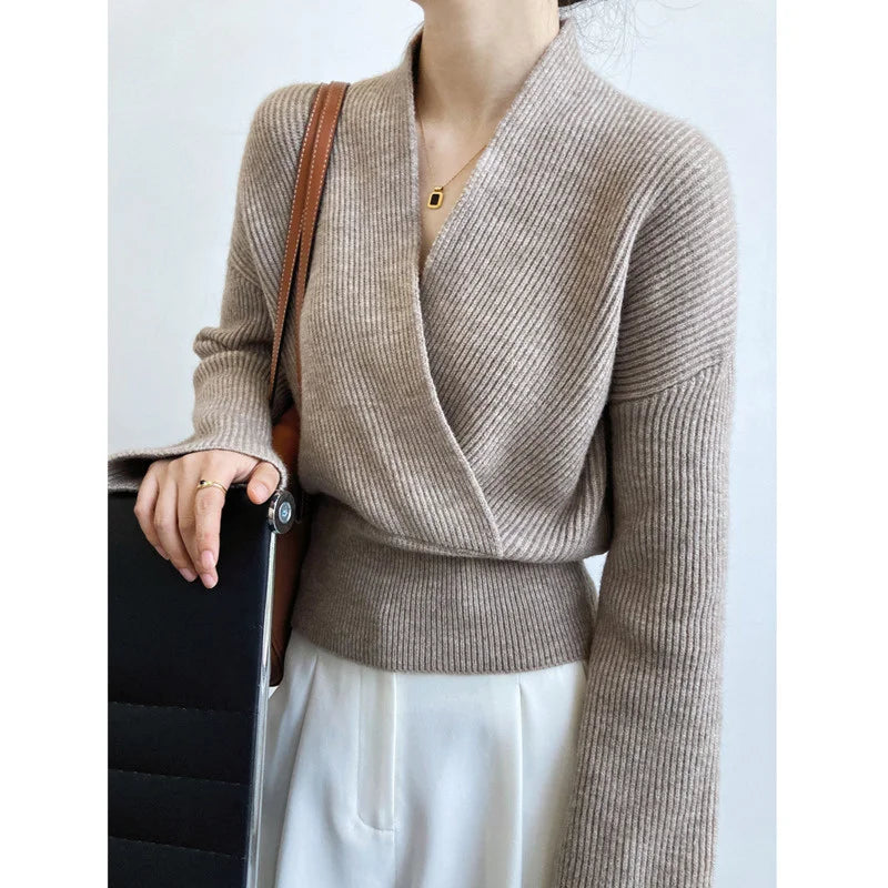 Crossed V-Neck Wrap Knitted Sweater