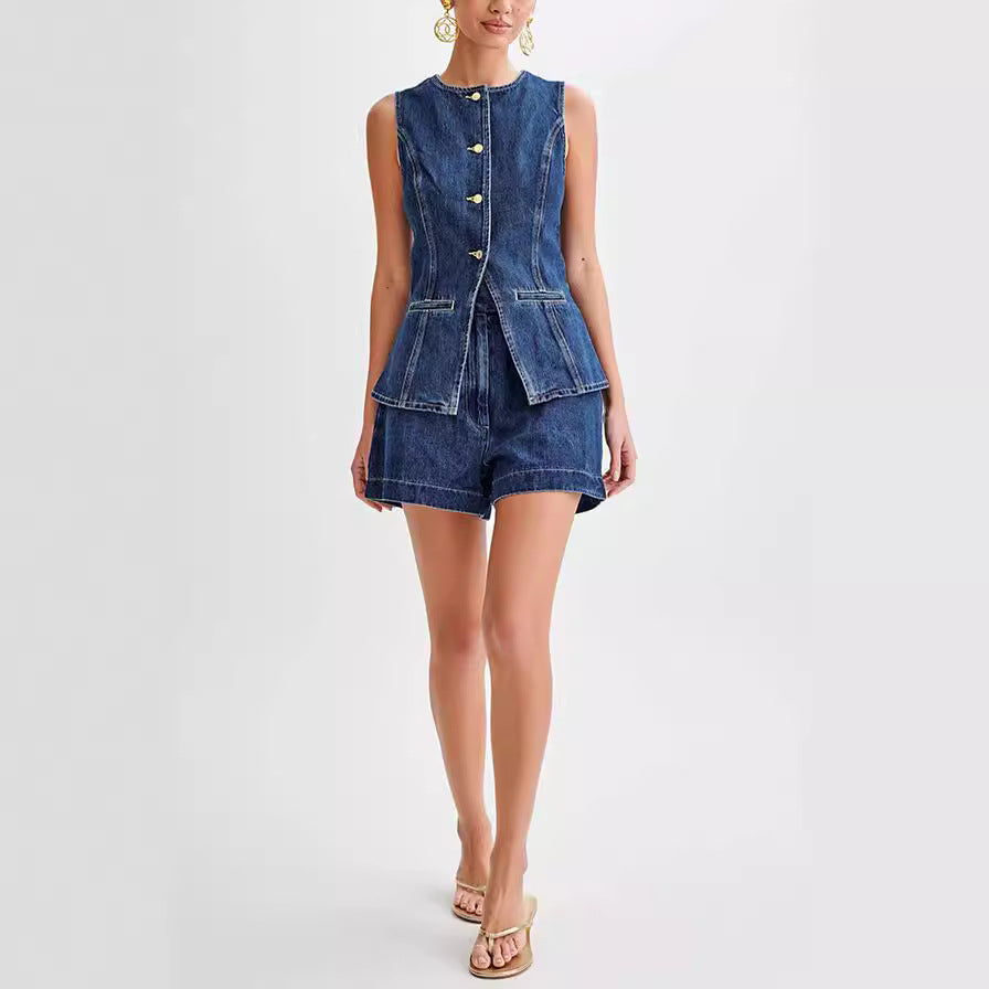 Gerda - Denim Vest and Shorts Set