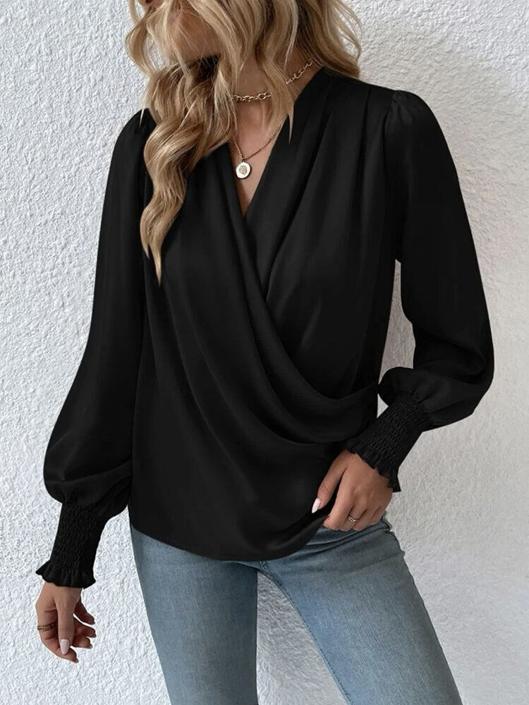 V-Neck Elegant Blouse With Balloon Sleeves