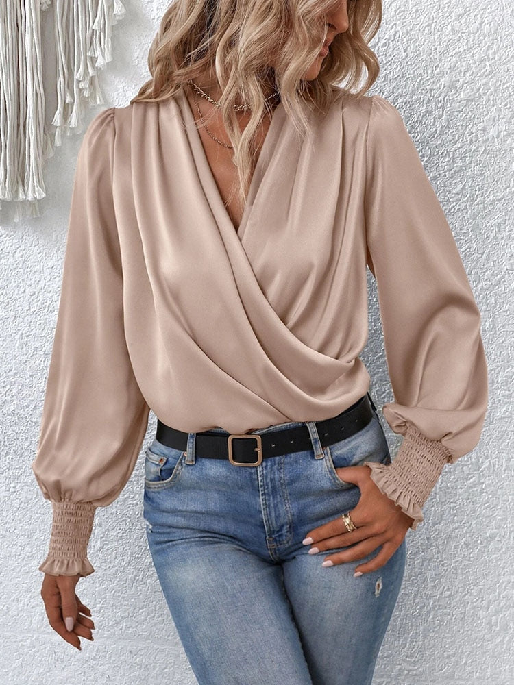 V-Neck Elegant Blouse With Balloon Sleeves