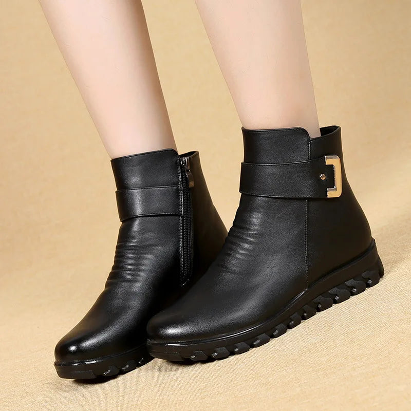 Elina - Wool Leather Boots with Metal Buckle