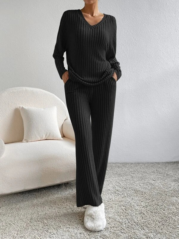 Ava - Ribbed Knit V Neck Two-Piece Lounge Set