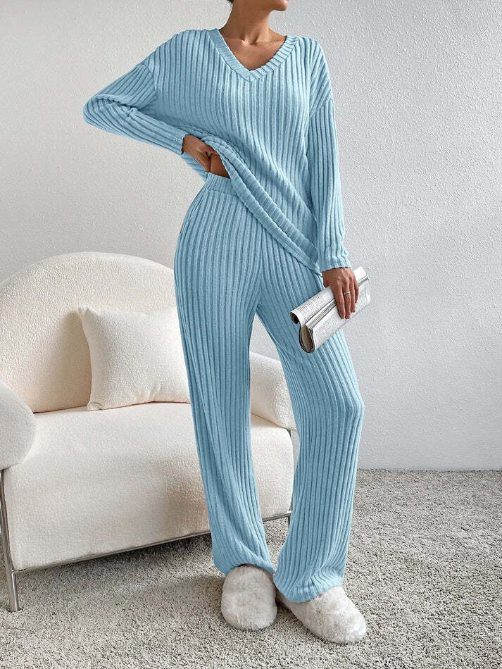 Ava - Ribbed Knit V Neck Two-Piece Lounge Set