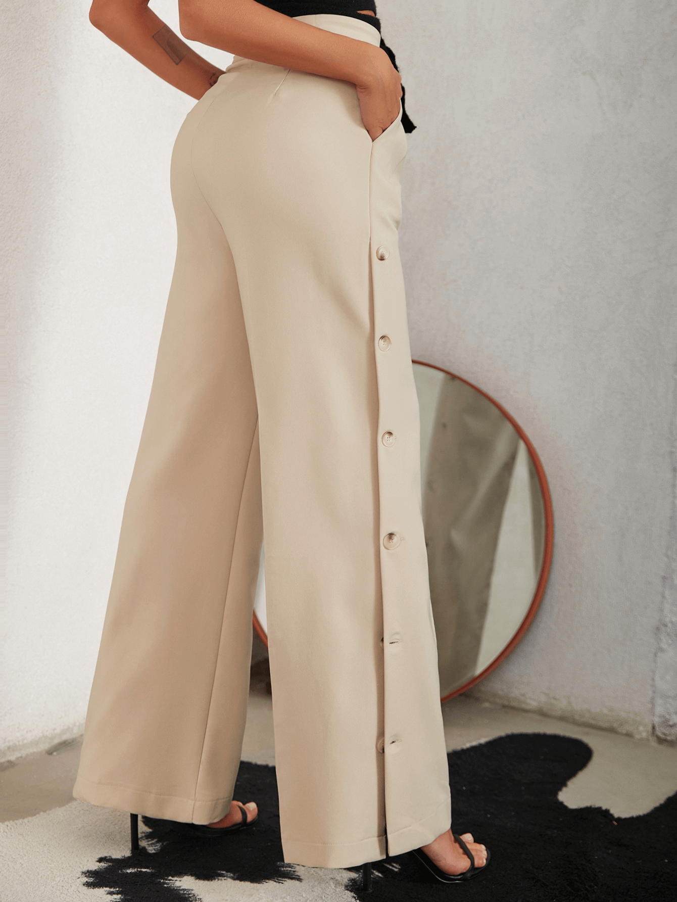 Catherine - Elegant Wide Leg Pants with Side Buttons