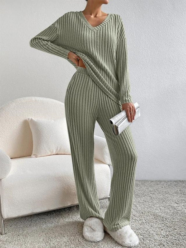 Ava - Ribbed Knit V Neck Two-Piece Lounge Set