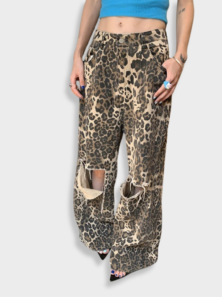 Rayleigh - Leopard Ripped Flare Pants