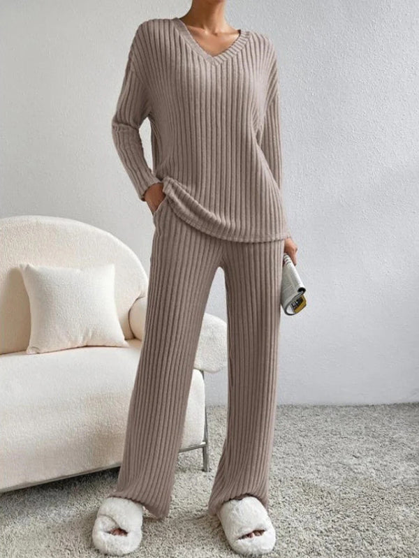 Ava - Ribbed Knit V Neck Two-Piece Lounge Set